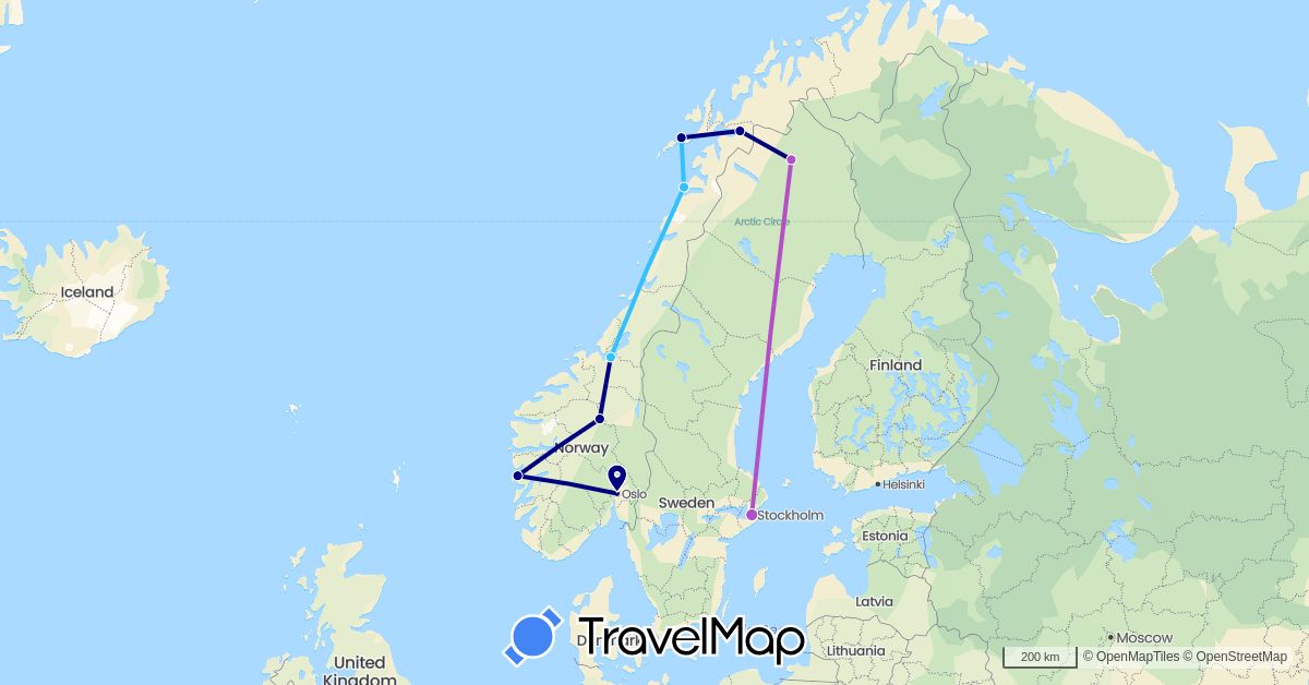 TravelMap itinerary: driving, train, boat in Norway, Sweden (Europe)