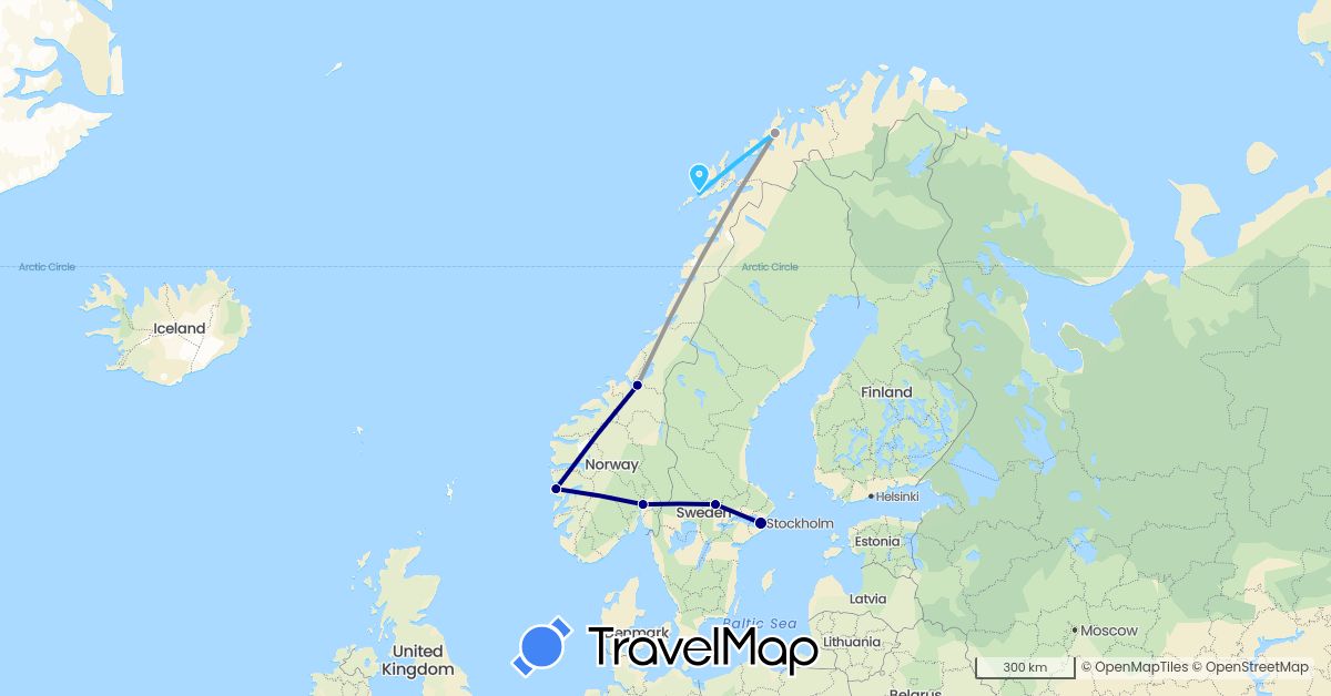 TravelMap itinerary: driving, plane, boat in Norway, Sweden (Europe)